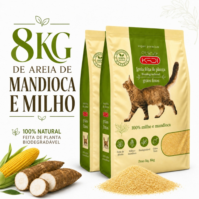 Areia Higiênica Natural Biodegradável de Grãos Finos de Milho e Mandioca para Gatos Kadi 8 kg